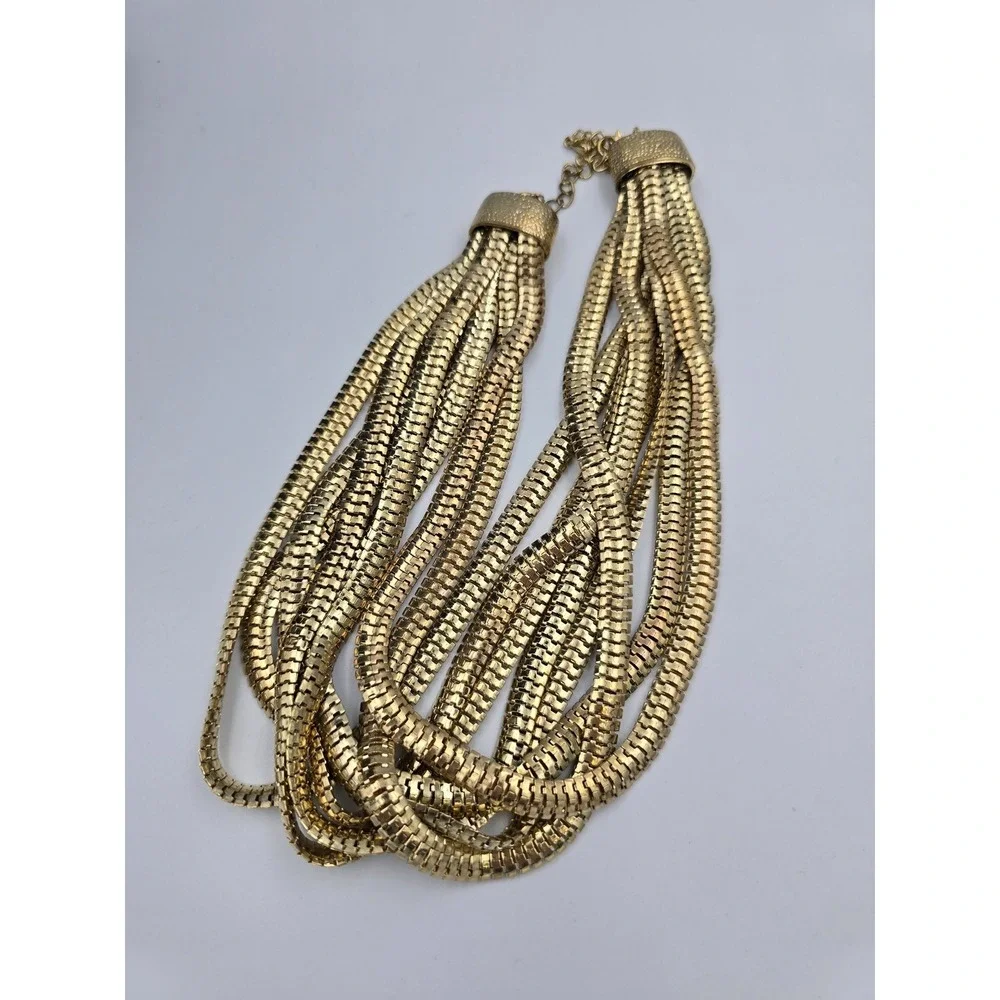 Vintage Multi-Strand Gold Tone Box Link Snake Chain‎ Statement Necklace